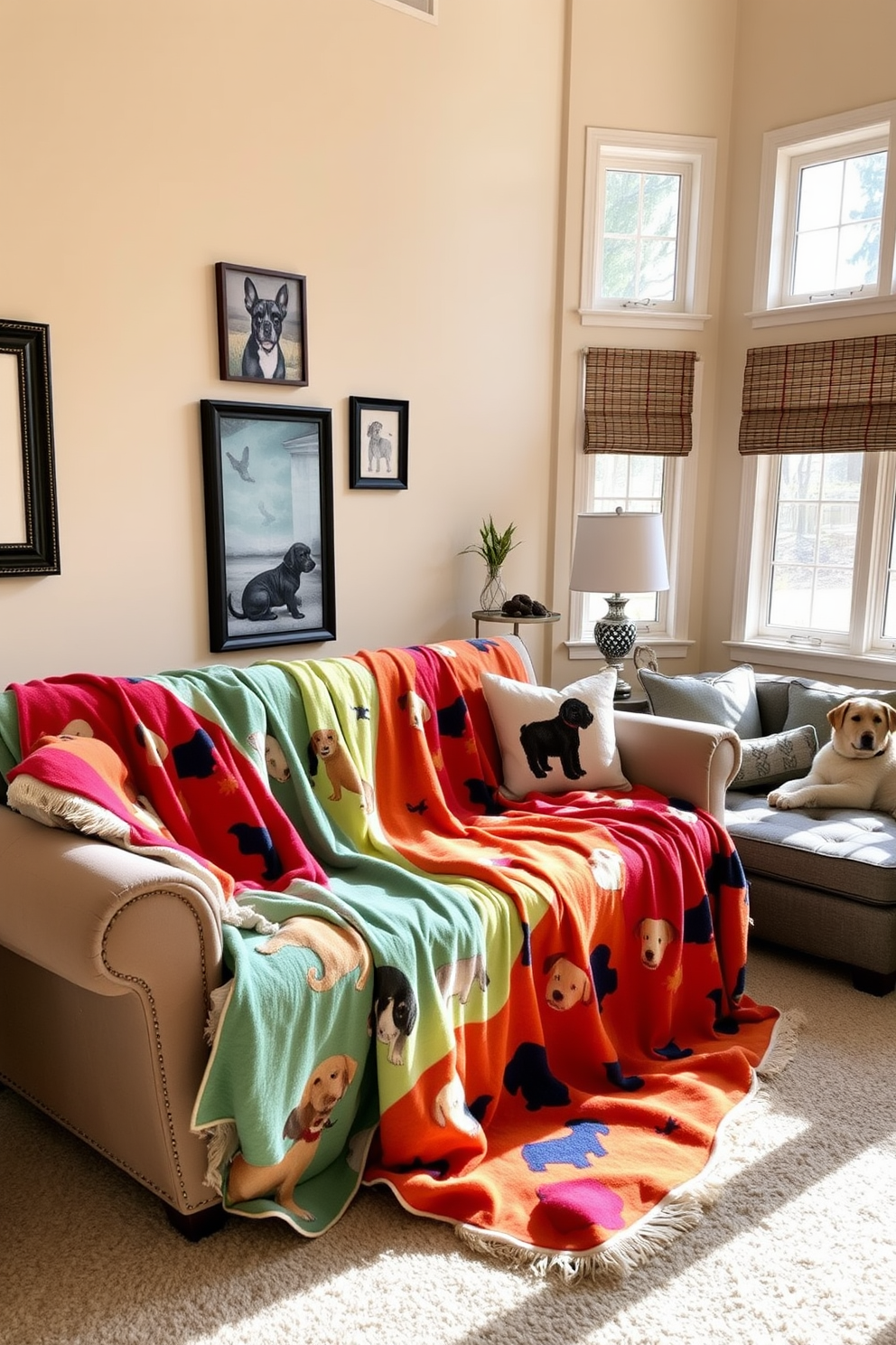 A cozy living room featuring colorful pet blankets draped over a plush sofa. The space is adorned with dog-themed decor, including framed artwork and a stylish dog bed in the corner. The walls are painted in a soft beige, complemented by vibrant throw pillows that match the blankets. Natural light floods in through large windows, creating an inviting atmosphere for both pets and their owners.