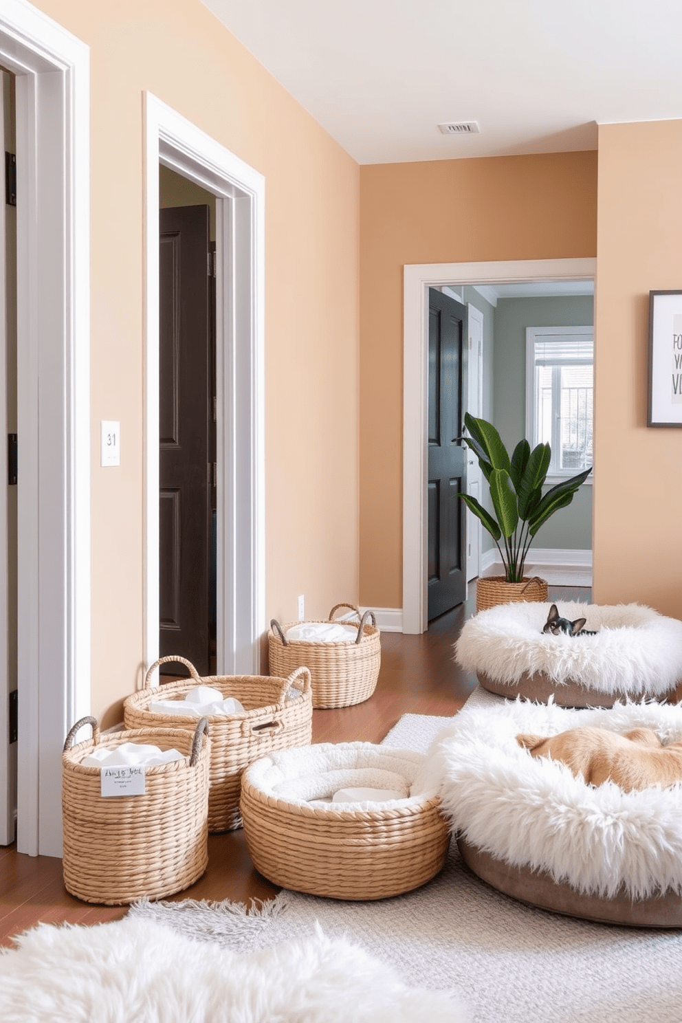 A cozy apartment living space designed for dog lovers featuring decorative baskets for pet essentials. The baskets are made of natural fibers and are strategically placed near the entrance, blending seamlessly with the overall decor. The walls are painted in a warm neutral tone, creating an inviting atmosphere. Plush dog beds are scattered throughout the room, adding comfort and style to the space.