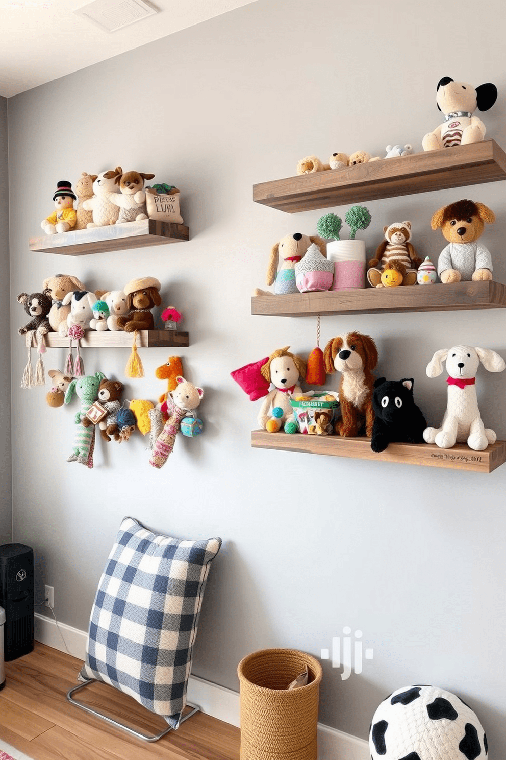 A stylish apartment designed for dog lovers features wall shelves creatively displaying an array of pet toys. The shelves are made of reclaimed wood, adding a rustic charm, while the walls are painted in a soft gray to complement the decor.