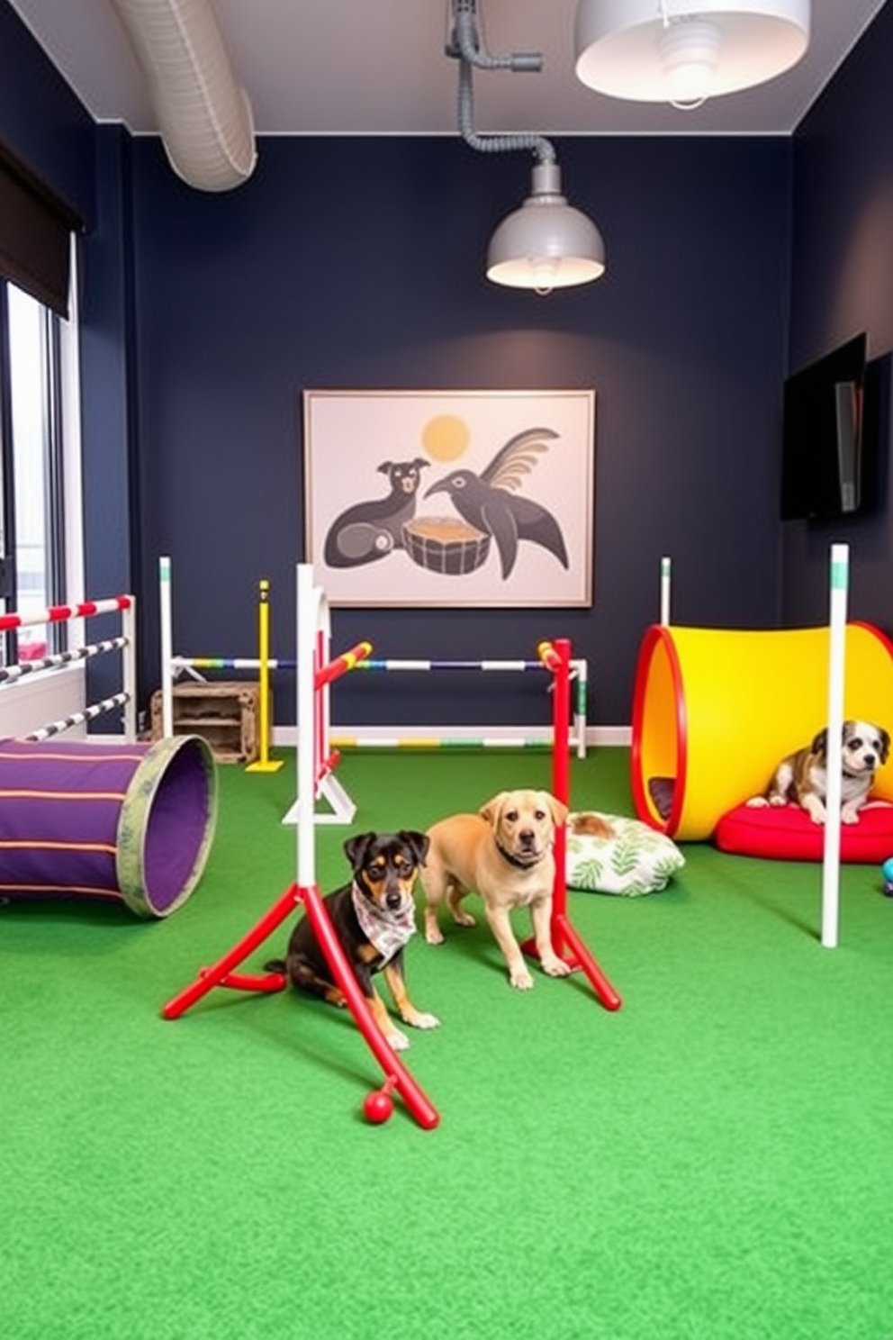 Create an indoor dog agility setup in a stylish apartment that caters to both pets and owners. Include a variety of agility equipment such as tunnels, jumps, and weave poles, all designed to blend seamlessly with modern decor. The space should feature durable flooring that is easy to clean and a cozy area for relaxation with dog beds and toys. Use vibrant colors and playful patterns to create an inviting atmosphere while ensuring the setup is functional and safe for active dogs.