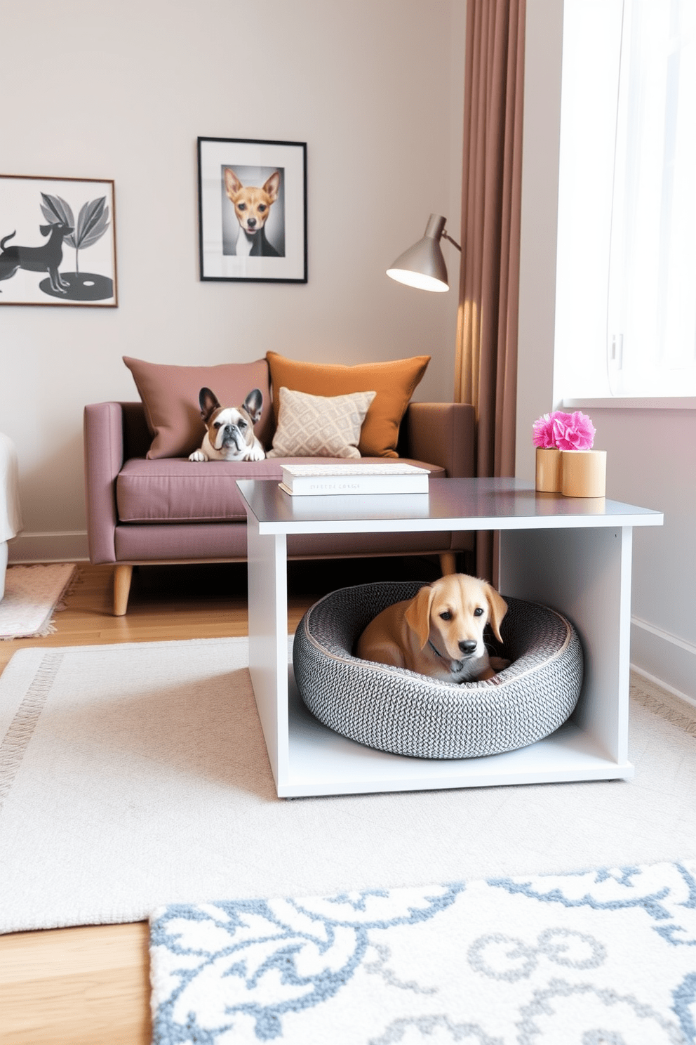 A cozy dog lover apartment design featuring under-furniture space specifically designed for pet beds. The living area includes a stylish sofa with a low profile, allowing easy access for dogs to their designated sleeping spots. In the corner, a chic coffee table has an open shelf underneath that accommodates a plush dog bed. The color palette consists of soft neutrals with pops of color from pet accessories, creating a harmonious and welcoming atmosphere.