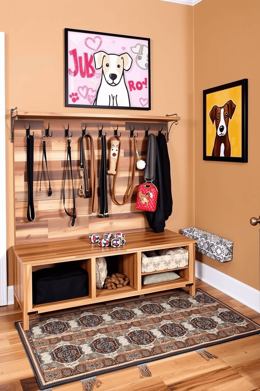 A stylish entryway designed for dog lovers features a dedicated pet gear storage area. The storage unit is crafted from reclaimed wood and includes hooks for leashes, a compartment for toys, and a cozy nook for dog beds. The walls are painted in a warm neutral tone, complemented by a vibrant dog-themed artwork. A durable, easy-to-clean rug lies beneath, ensuring both style and practicality for pet owners.