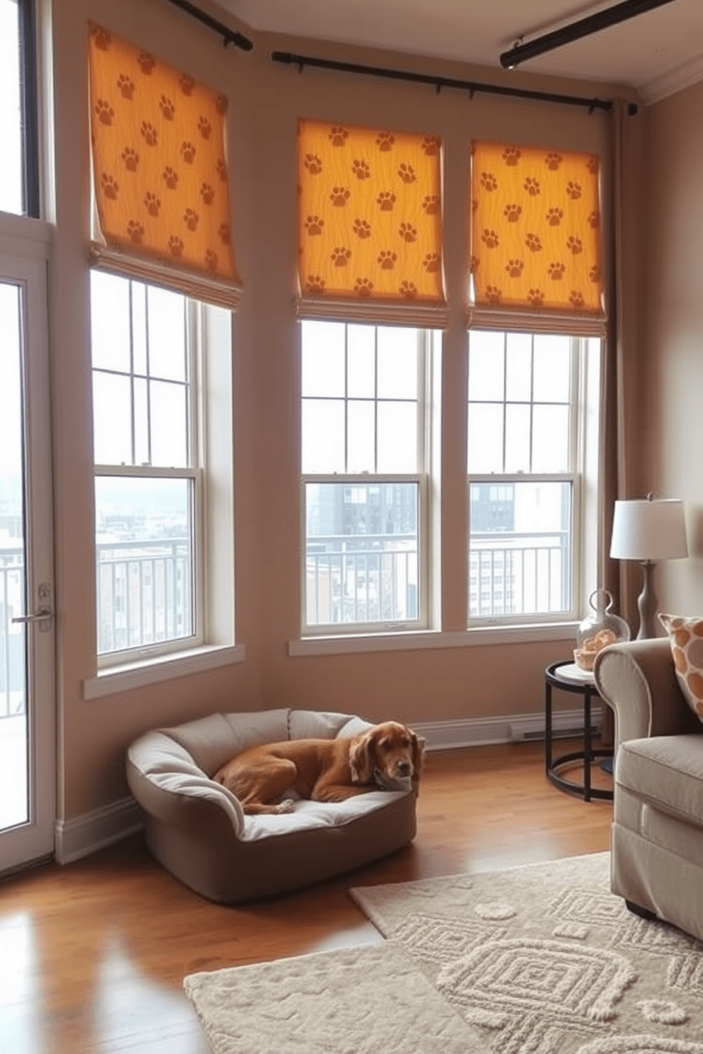 Chic pet-friendly fabric curtains frame the large windows, allowing natural light to filter into the cozy living room. The curtains feature a playful pattern of paw prints in soft earth tones, complementing the warm beige walls and plush furnishings. In the corner, a stylish dog bed blends seamlessly with the decor, providing a comfortable space for furry friends. The open layout includes a designated play area with durable, easy-to-clean rugs that enhance the apartment's inviting atmosphere.