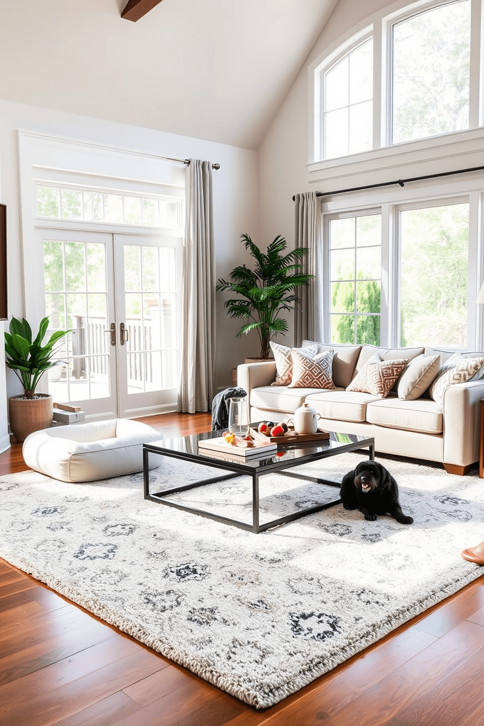 A cozy living room designed for dog lovers features pet-friendly rugs with a low pile to ensure comfort and easy cleaning. The rug complements a sectional sofa adorned with durable, stylish fabric in neutral tones, creating a welcoming space for both pets and their owners. In the corner, a chic dog bed blends seamlessly with the decor, while a stylish coffee table sits atop the rug, offering a perfect spot for treats and toys. Natural light floods the room through large windows, enhancing the warm atmosphere and inviting playful moments with furry friends.