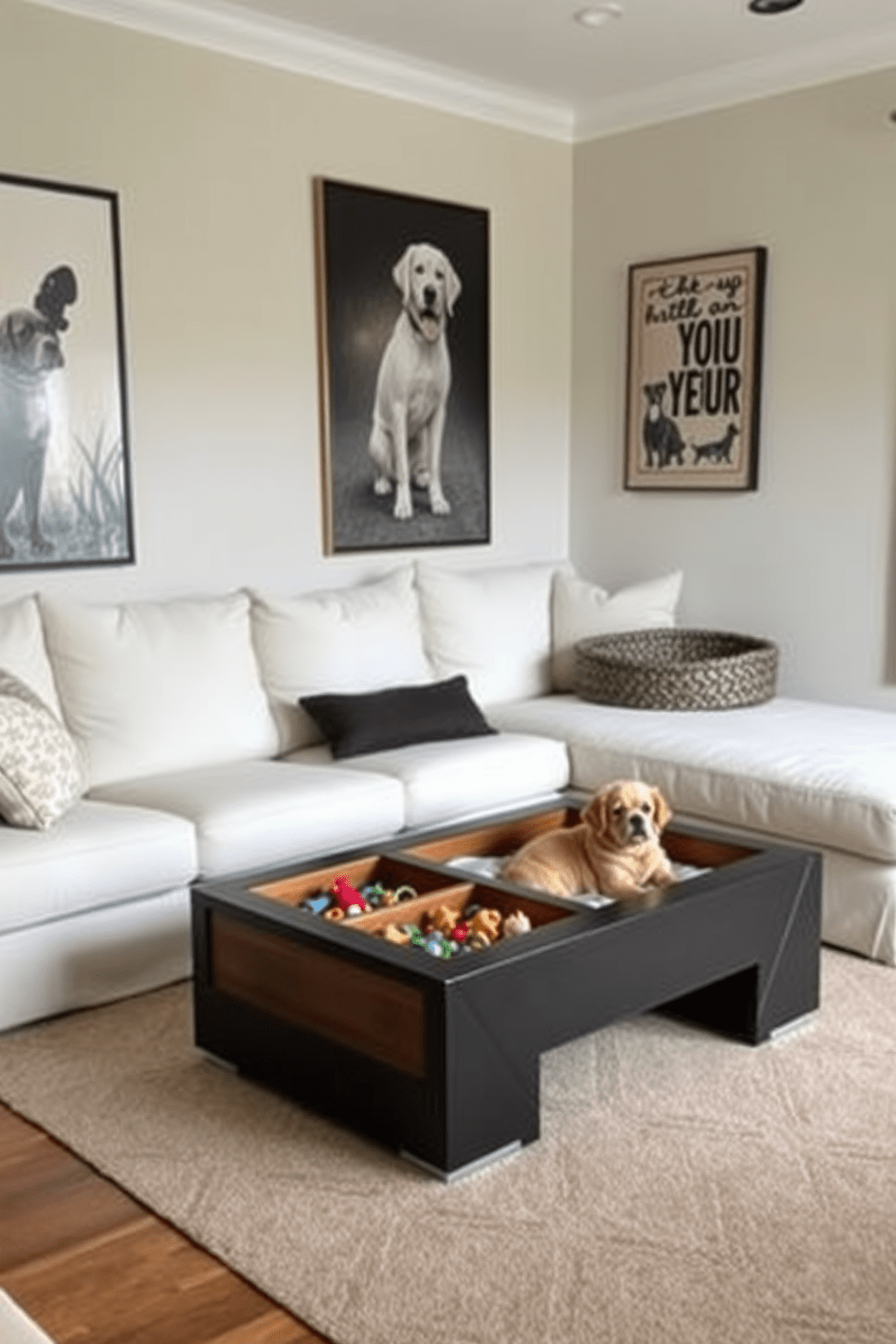 A stylish living room designed for a dog lover features a sleek coffee table with hidden compartments for storing dog toys. The space includes a comfortable sofa with removable covers, allowing for easy cleaning, and a decorative basket in the corner for additional toy storage. The walls are adorned with pet-themed artwork, and the flooring is a durable, pet-friendly material that complements the overall aesthetic. A cozy dog bed is placed in a corner, blending seamlessly with the decor while providing a dedicated space for the furry friend.