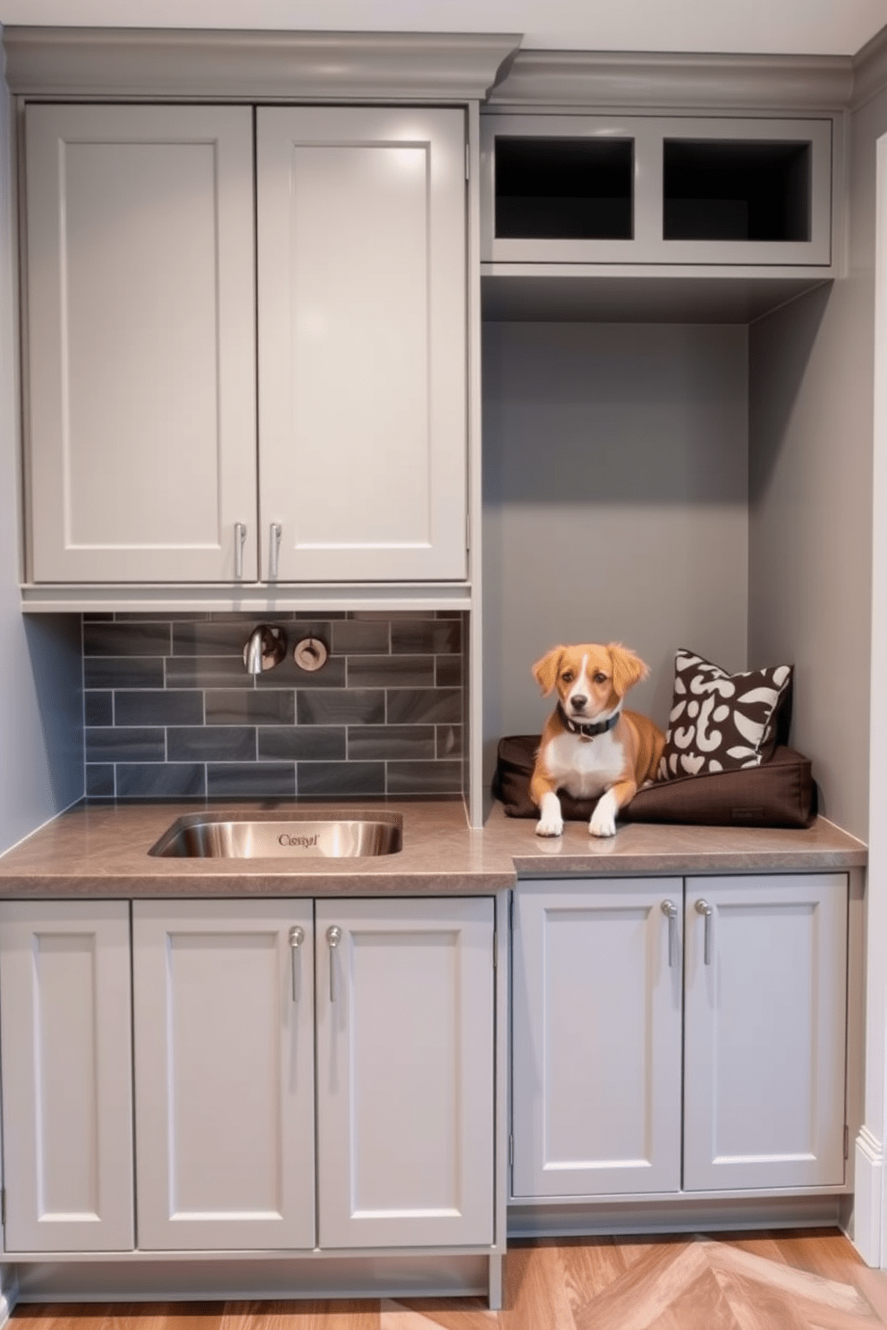 A custom built-in dog wash station is designed with a sleek tile backsplash and a deep basin for easy cleaning. The cabinetry is finished in a soft gray, complemented by brushed nickel fixtures and a pull-out shower head for convenience. Adjacent to the wash station, there is a cozy nook with plush cushions and a stylish dog bed, creating a welcoming space for pets. The flooring is durable and water-resistant, ensuring practicality while maintaining an elegant aesthetic.