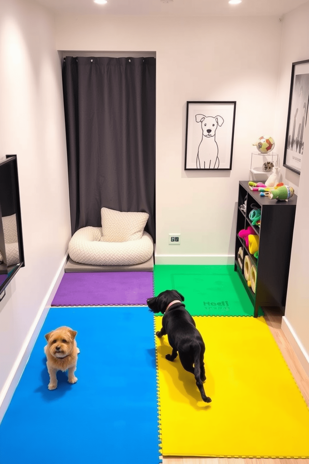 Design a designated pet play area within a stylish apartment. The space features soft, durable mats in a vibrant color, creating a comfortable zone for dogs to play. Incorporate a cozy corner with a plush dog bed and a selection of toys neatly arranged on a stylish shelf. The walls are adorned with pet-themed artwork, adding a personal touch to the design.