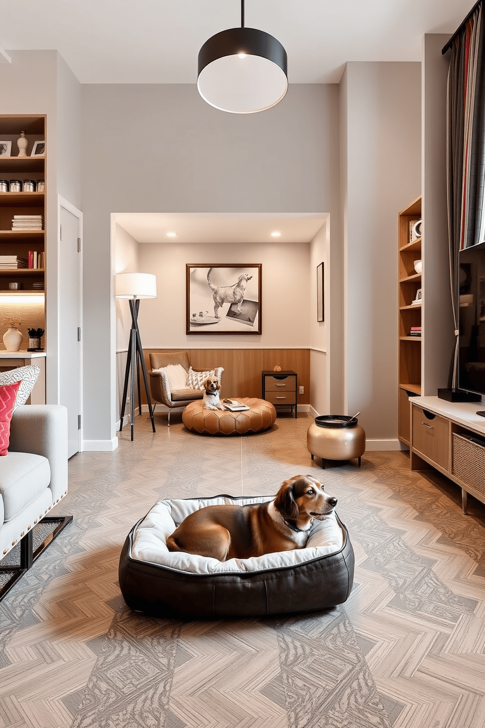 A stylish dog lover apartment featuring non-slip flooring that ensures safety and comfort for both pets and owners. The open living space includes a cozy nook with a dog bed, and decorative storage solutions for pet supplies are seamlessly integrated into the design.