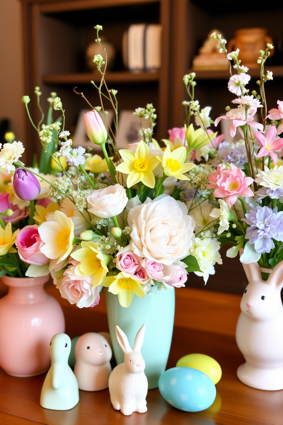 Spring floral arrangements in pastel colors create a vibrant and refreshing atmosphere. Delicate blooms such as tulips, peonies, and daffodils are artfully arranged in soft-hued vases, enhancing the cheerful ambiance of the space. Easter decorating ideas can incorporate whimsical elements like bunny figurines and colorful eggs. These accents can be strategically placed among the floral displays to add a playful touch to the seasonal decor.