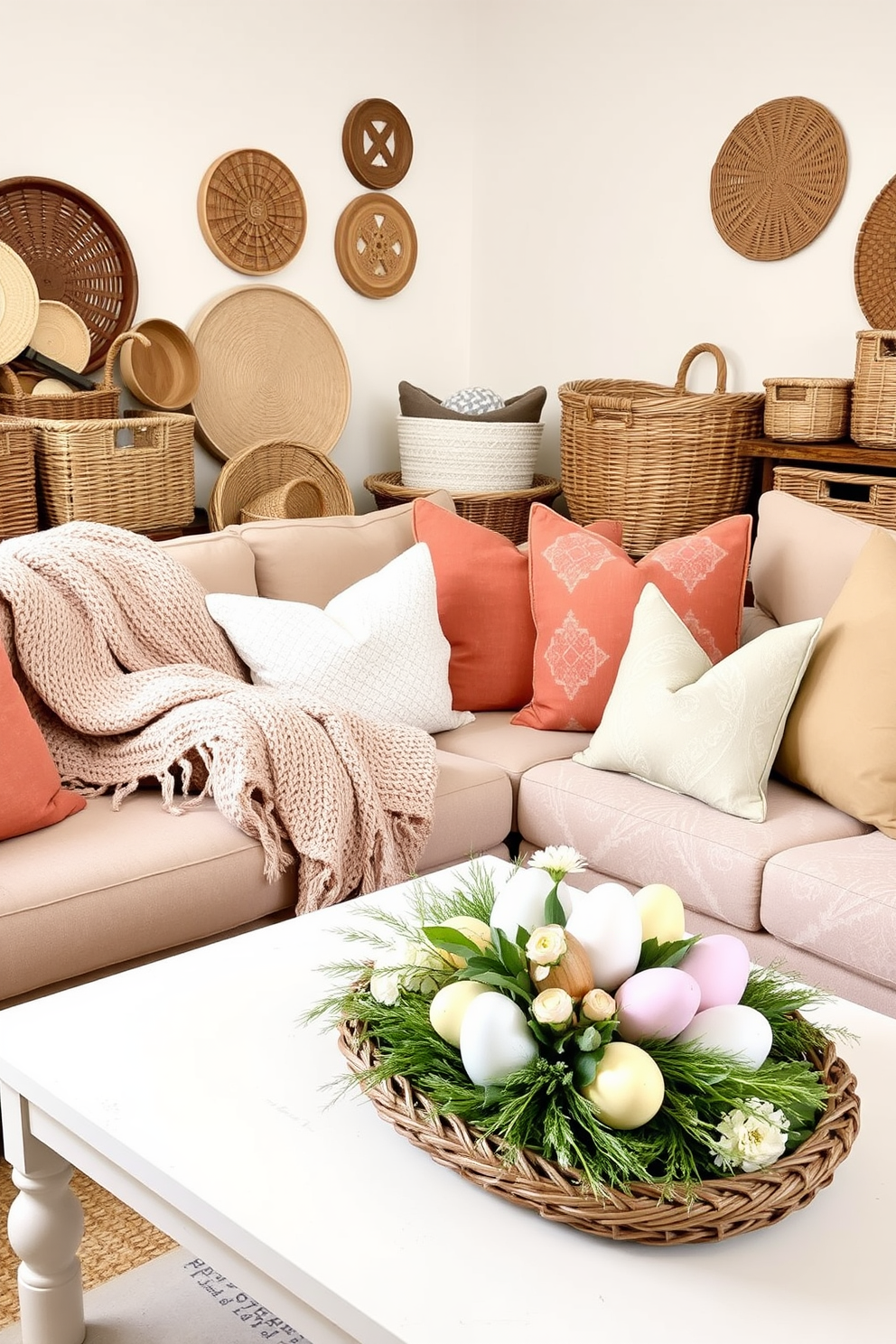 A cozy living room adorned with a variety of woven baskets and textured fabrics. The space features a plush sofa draped with a knitted throw and an assortment of colorful cushions, creating a warm and inviting atmosphere. In one corner, a collection of wicker baskets adds a rustic touch while providing stylish storage. A beautifully arranged Easter centerpiece sits on the coffee table, incorporating pastel colors and natural elements for a festive feel.