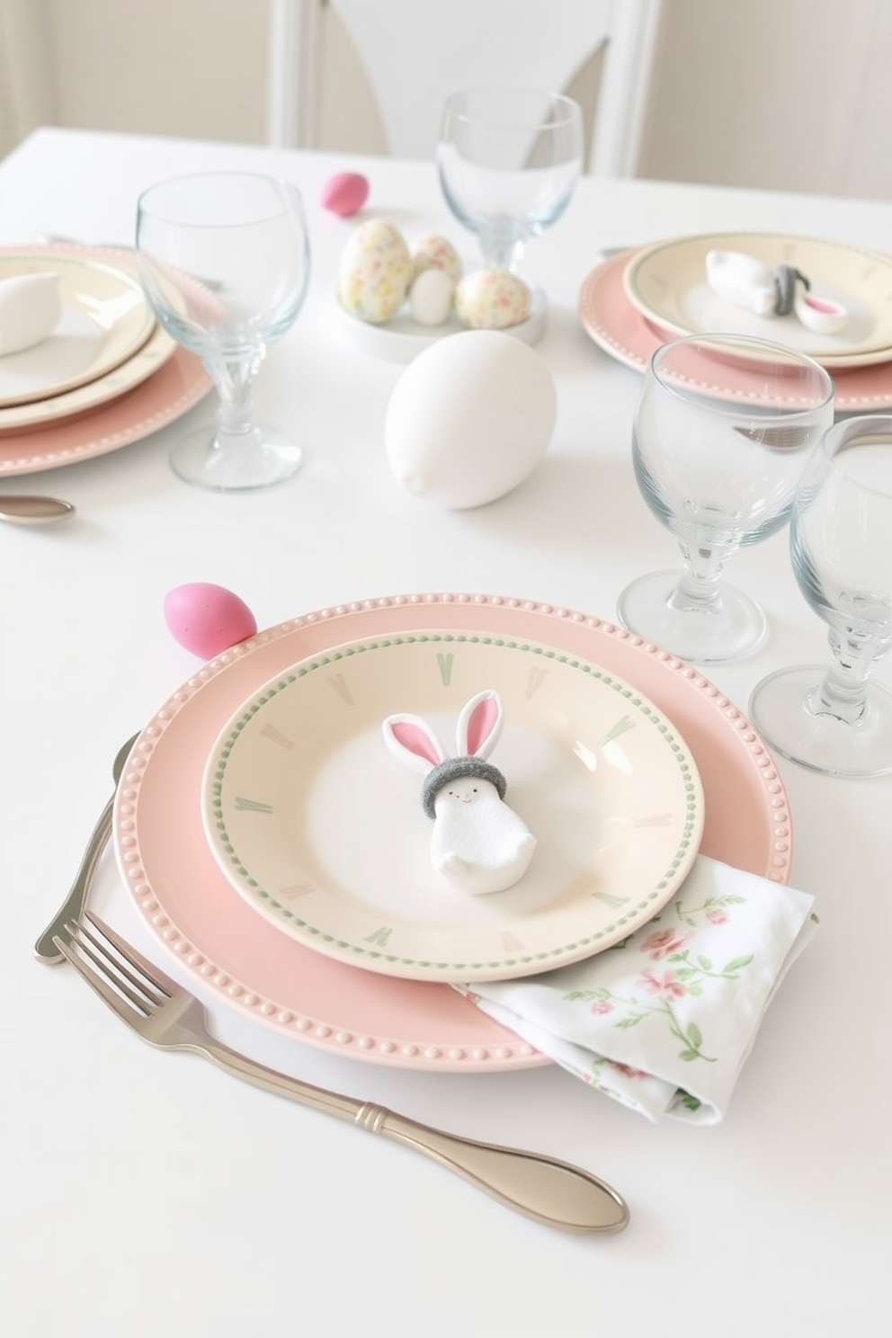 Set a festive table with themed dinnerware for Easter. The table is adorned with pastel-colored plates and delicate floral napkins, creating a cheerful and inviting atmosphere.