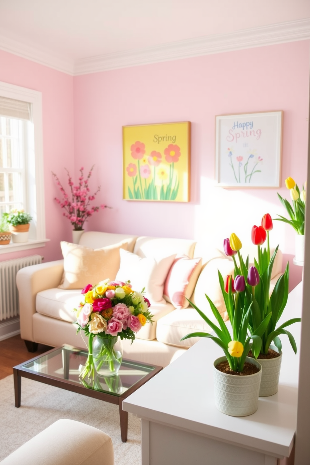 A bright and inviting living room adorned with pastel colors. A comfortable sofa is placed in the center, surrounded by decorative pillows in soft hues, and a coffee table with a floral arrangement sits in front. On the walls, cheerful spring-themed artwork adds a festive touch. Potted spring bulbs in vibrant colors are arranged on the windowsill, bringing a sense of freshness and life to the space.