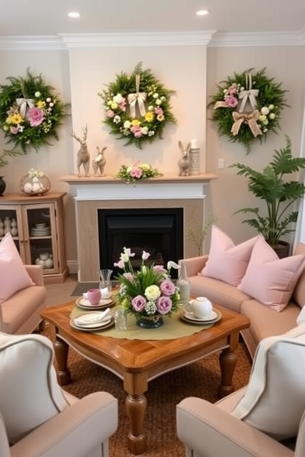 Create a charming Easter-themed living room filled with warmth and joy. Adorn the walls with vibrant wreaths made of fresh flowers and lush greenery to celebrate the season. In the center of the room, place a beautifully set coffee table featuring pastel-colored decorations. Surround the table with comfortable seating, accented by throw pillows in soft spring hues.