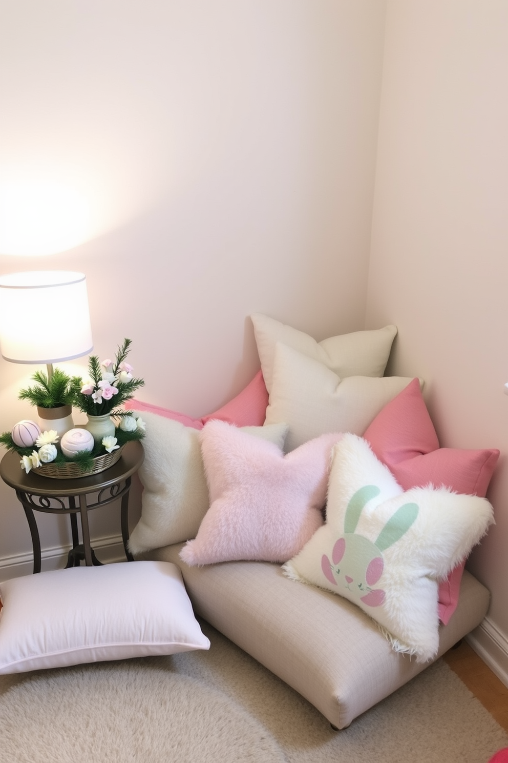 Create a cozy nook filled with plush Easter-themed pillows in pastel colors. Surround the nook with soft lighting and a small side table adorned with festive decorations.