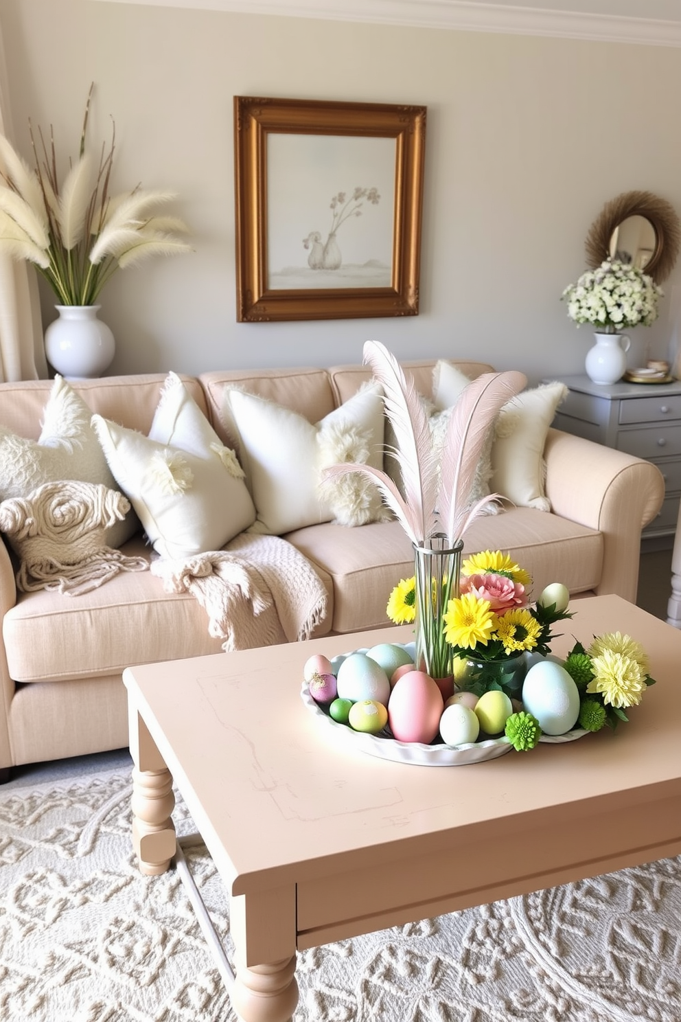 A charming Easter-themed living room adorned with soft pastel colors. The decor features feather accents in decorative pillows and a cozy throw blanket draped over a plush sofa. A beautifully set coffee table showcases an array of Easter-themed decorations. Delicate feather centerpieces are arranged alongside colorful eggs and fresh spring flowers, creating a warm and inviting atmosphere.