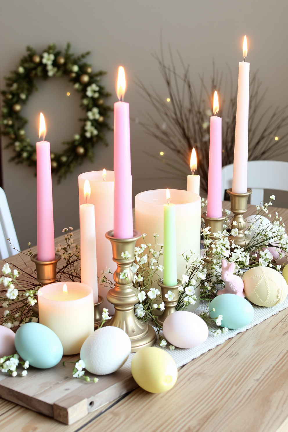 A charming Easter-themed setting adorned with pastel-colored candles in various heights, creating a warm and inviting ambiance. The candles are arranged on a rustic wooden table surrounded by delicate floral arrangements and decorative eggs in soft hues.