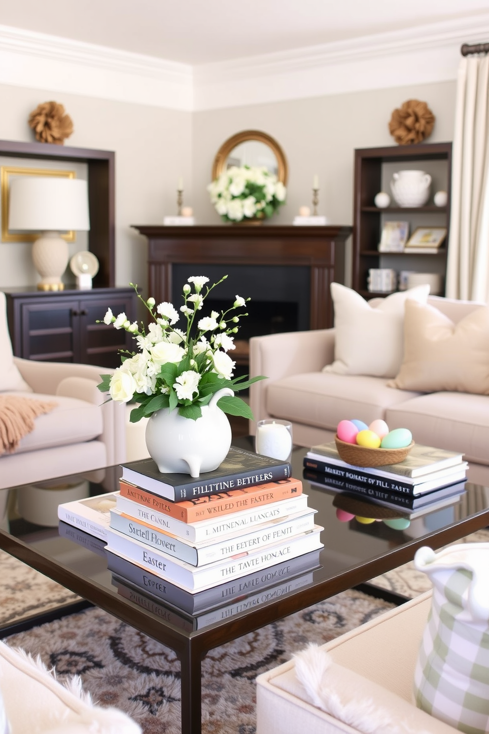 A stylish living room featuring a coffee table adorned with seasonal books that reflect the spirit of Easter. The table is surrounded by plush seating, and pastel-colored decorations such as floral arrangements and decorative eggs add a festive touch.