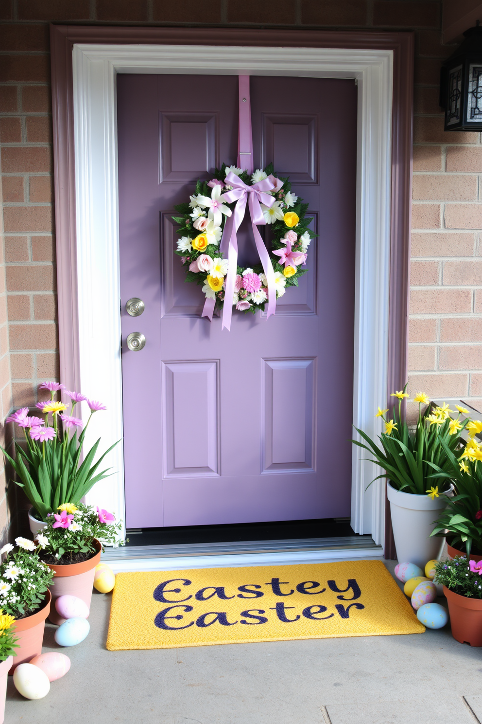 A festive entryway adorned with cheerful Easter decorations. The space features a brightly colored welcome mat, surrounded by potted spring flowers and pastel-painted eggs. A charming wreath made of fresh blooms and ribbons hangs on the door. Soft lighting illuminates the area, enhancing the vibrant colors and creating a warm, inviting atmosphere.