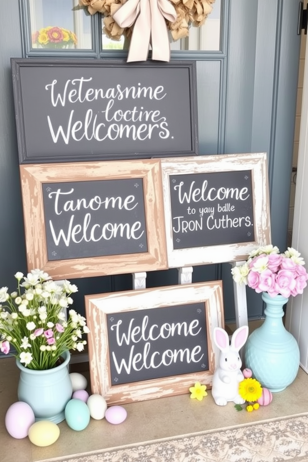 Create a charming Easter-themed entryway featuring chalkboard signs that display warm welcoming messages. Surround the signs with pastel-colored decorations such as eggs, bunnies, and spring flowers to enhance the festive atmosphere.