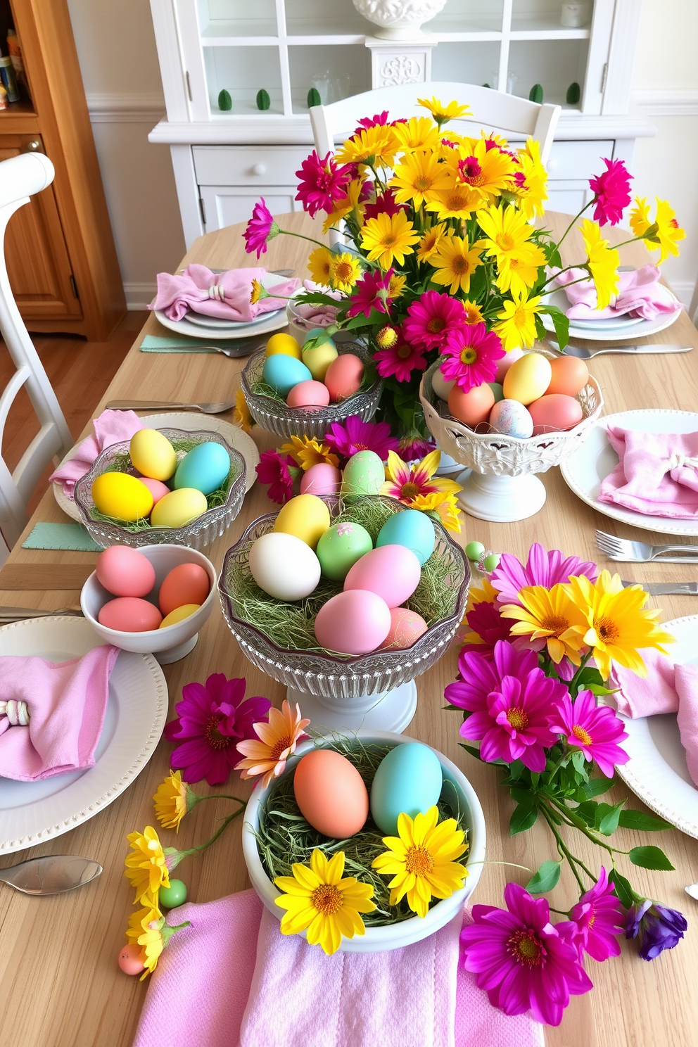 A cheerful dining table adorned with a variety of colorful Easter eggs placed in decorative bowls. The table is set with pastel-colored tableware and surrounded by fresh spring flowers in vibrant hues.