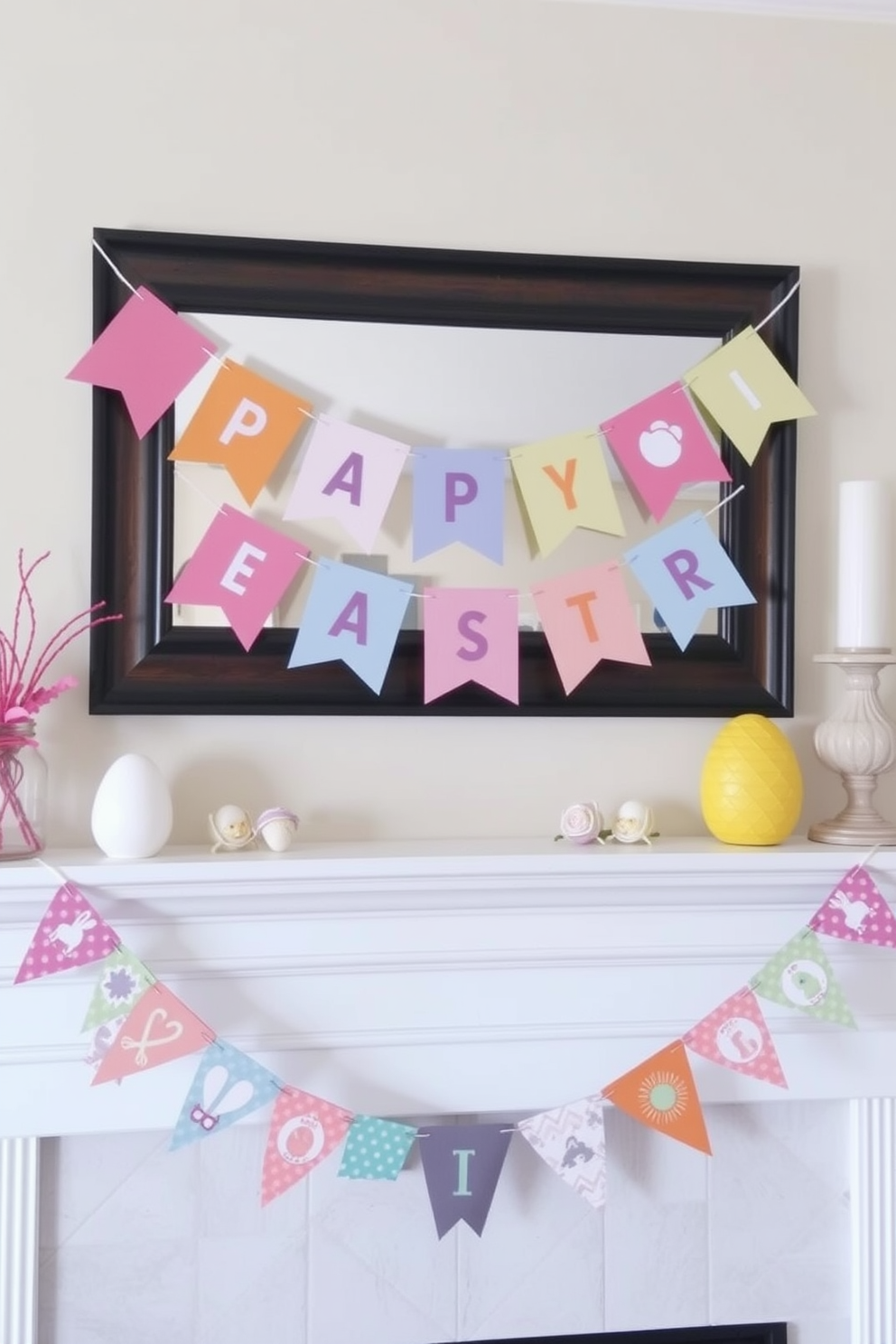 Hang colorful banners across the mantel to create a festive Easter atmosphere. Incorporate pastel colors and playful designs to enhance the seasonal decor.