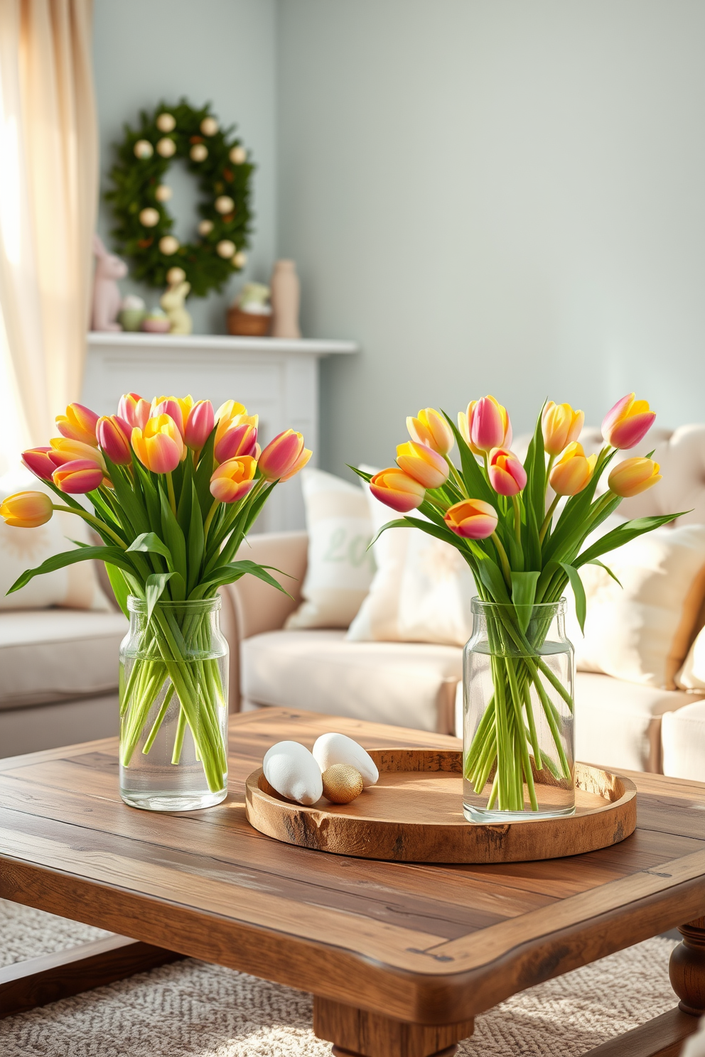 A charming Easter-themed living room. Clear vases filled with vibrant tulips are placed on a rustic wooden coffee table, creating a cheerful focal point. Soft pastel colors adorn the throw pillows on the plush sofa, while delicate Easter decorations are artfully arranged on the mantelpiece. A light, airy atmosphere is enhanced by sheer curtains gently swaying in the spring breeze.