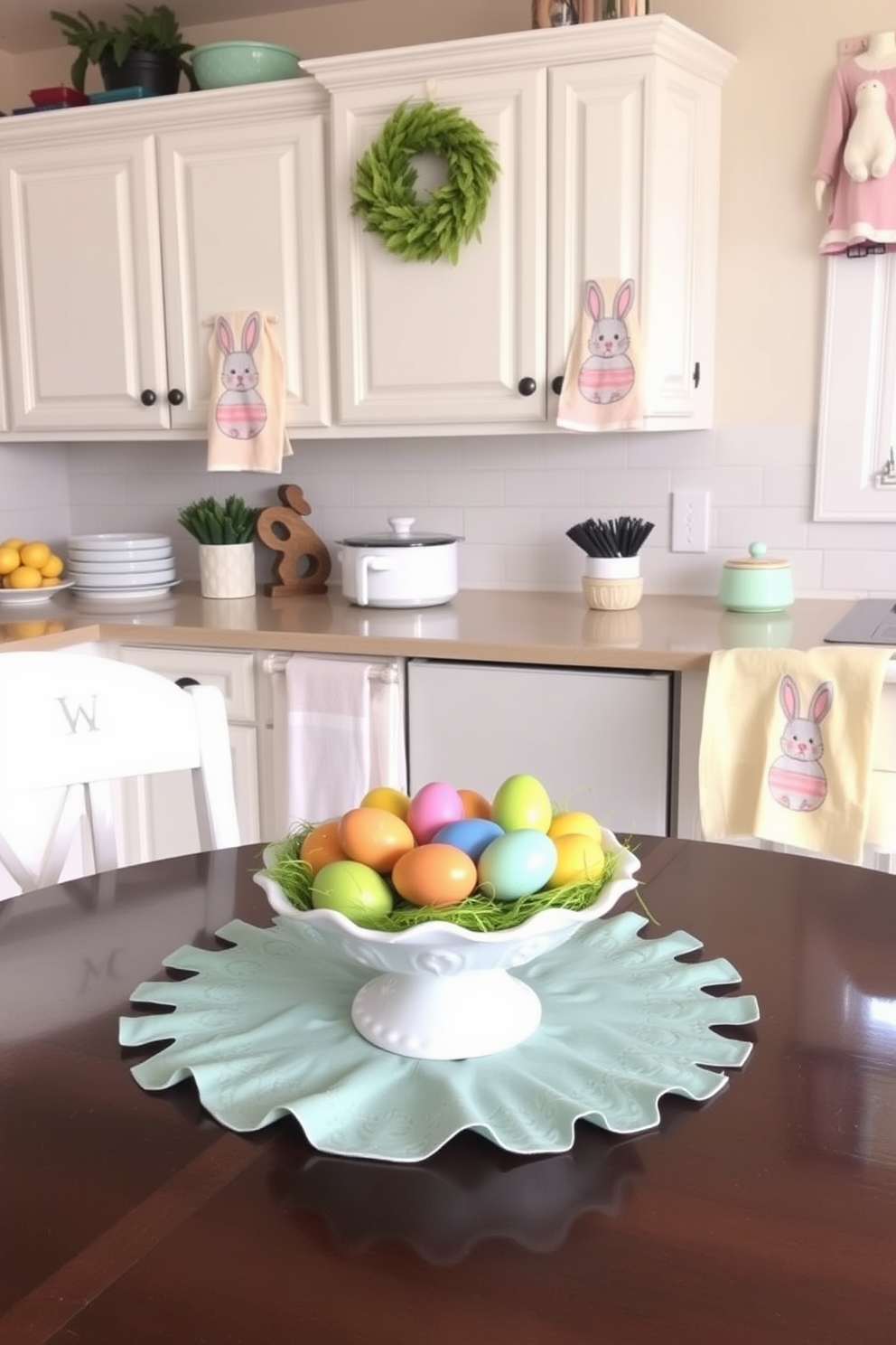 A charming kitchen setting decorated for Easter. The countertops are adorned with pastel-colored bunny-themed dish towels, and a decorative bowl filled with colorful Easter eggs sits at the center of the table.