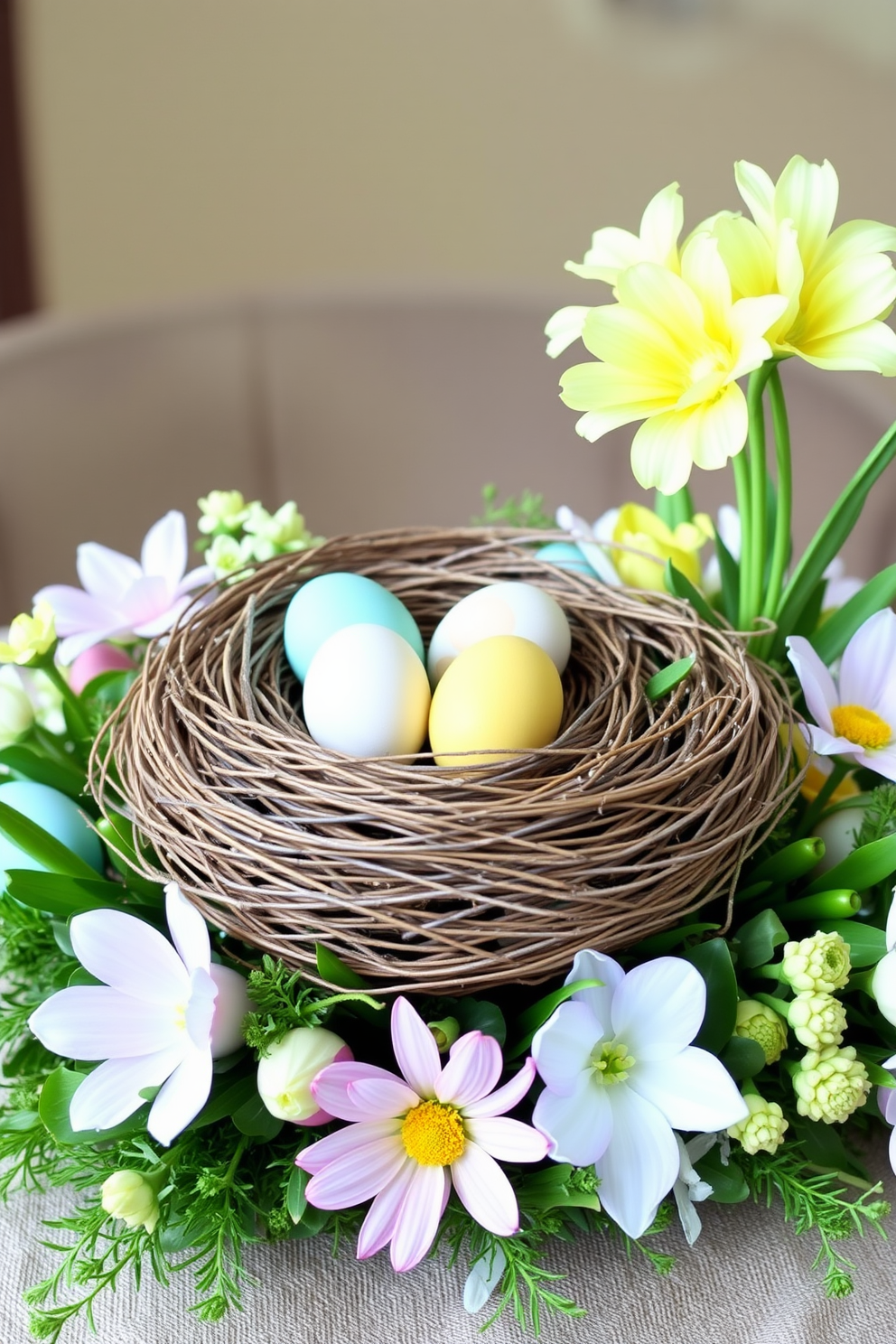 Create a beautiful centerpiece featuring a bird's nest for Easter. The nest is crafted from natural twigs and filled with pastel-colored eggs, surrounded by fresh spring flowers and greenery.