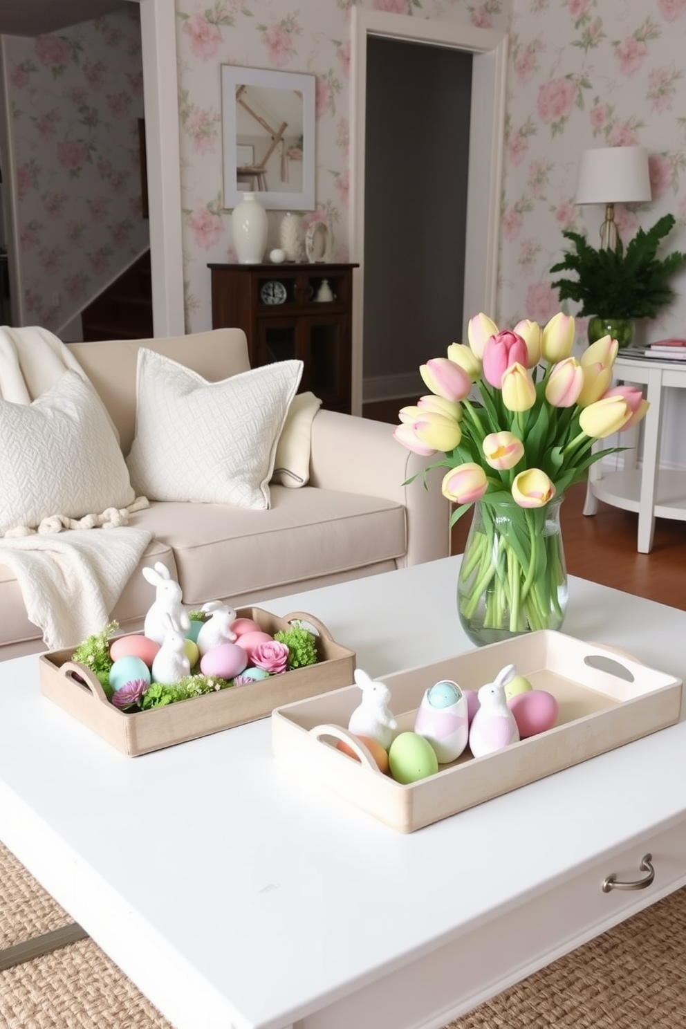 Create a charming Easter-themed living room setting. There are decorative trays on the coffee table, beautifully arranged with pastel-colored eggs, spring flowers, and small bunnies. The walls are adorned with soft floral wallpaper, and a cozy sofa is draped with a light throw. A cheerful centerpiece featuring a large vase of tulips sits on the side table, completing the festive atmosphere.