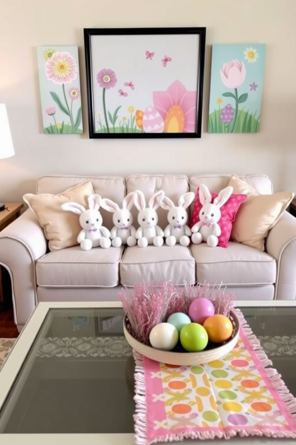 Create a playful Easter-themed living room setting. Incorporate plush bunnies in various sizes nestled among pastel-colored cushions on a cozy sofa. The walls are adorned with cheerful springtime artwork featuring flowers and eggs. A decorative coffee table is set with a vibrant table runner and an arrangement of colorful Easter eggs.