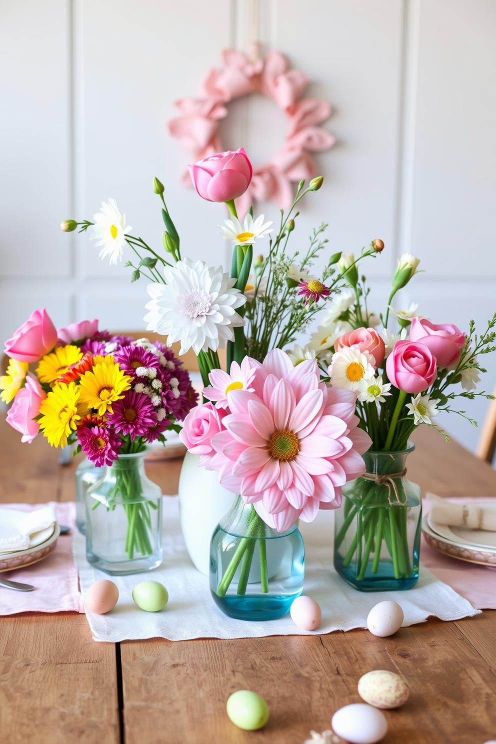 A charming Easter setting featuring a variety of fresh flowers arranged in mismatched vases of different shapes and sizes. The vases are placed on a rustic wooden table adorned with pastel-colored table linens and decorative eggs scattered around.