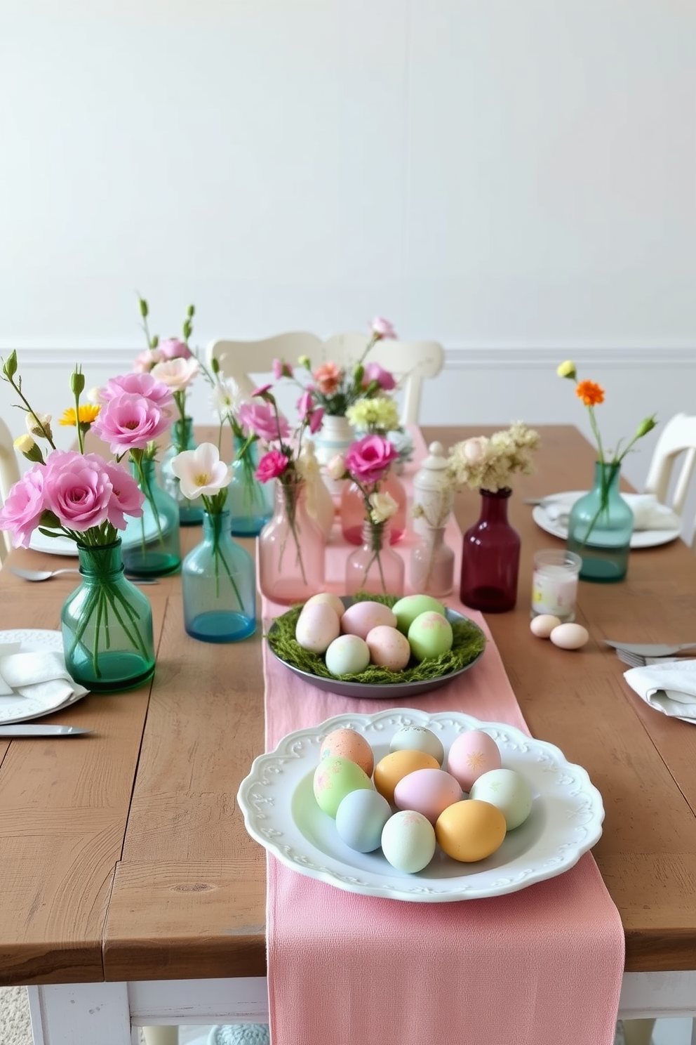 A charming Easter dining setup featuring a rustic wooden table adorned with a pastel-colored table runner. On the table, various colored glass vases filled with fresh spring flowers create a vibrant centerpiece, while delicate Easter-themed decorations are scattered throughout. The backdrop consists of soft, light-colored walls that enhance the vintage feel. A collection of hand-painted Easter eggs in soft hues is displayed on a decorative plate at the center, complementing the overall festive atmosphere.