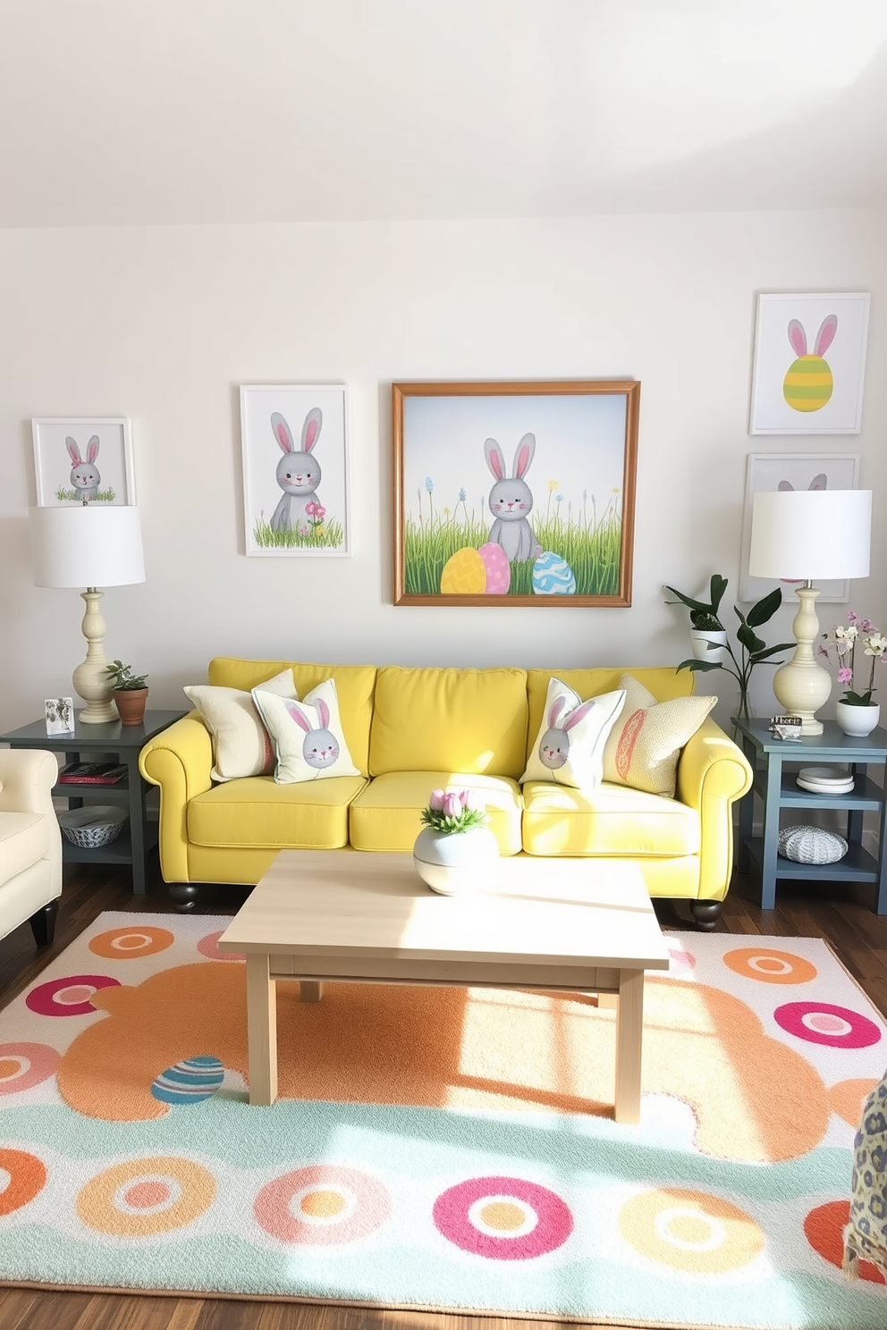 A bright and inviting living room adorned with Easter-themed artwork on the walls. The artwork features pastel colors and whimsical designs that celebrate the holiday spirit. A cozy sofa in a soft yellow hue is complemented by decorative pillows featuring bunny and egg motifs. A light wood coffee table sits in the center, surrounded by a colorful area rug that enhances the festive atmosphere.