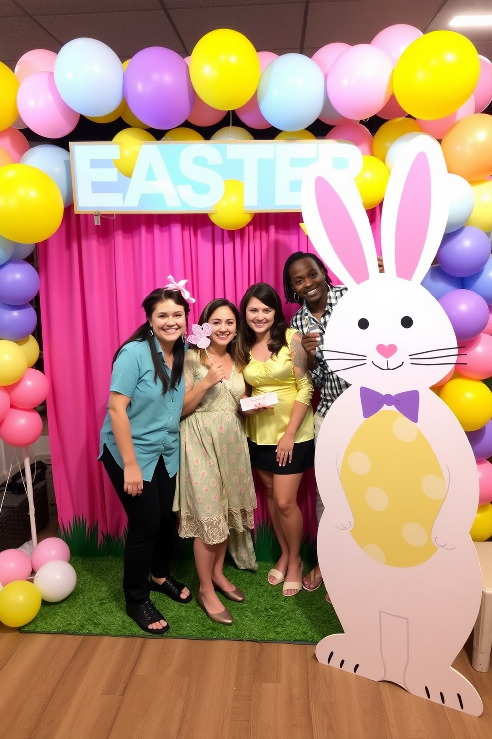 Create a vibrant photo booth for Easter featuring colorful decorations and playful props. The backdrop is adorned with pastel balloons, and a large bunny cutout stands at one side, inviting guests to take pictures.