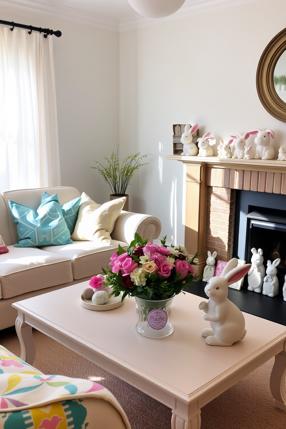 A cheerful living room setting adorned with playful bunny figurines as accents. The space features a pastel-colored sofa with vibrant throw pillows, and a coffee table adorned with a floral centerpiece and Easter-themed decorations. On the mantel, a collection of ceramic bunny figurines in various sizes adds charm and whimsy. The room is illuminated by soft natural light streaming through sheer curtains, enhancing the festive atmosphere.