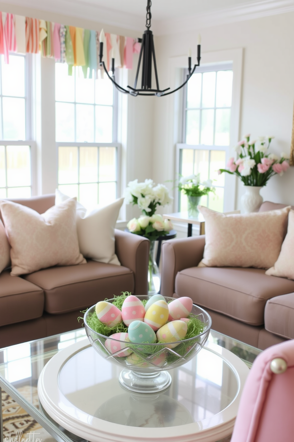 Create a cozy and inviting Easter-themed living room. Incorporate fabric scraps in pastel colors for DIY decorations such as bunting and table runners. Adorn the space with handmade fabric Easter eggs placed in a decorative bowl. Use floral arrangements and soft cushions to enhance the festive atmosphere.