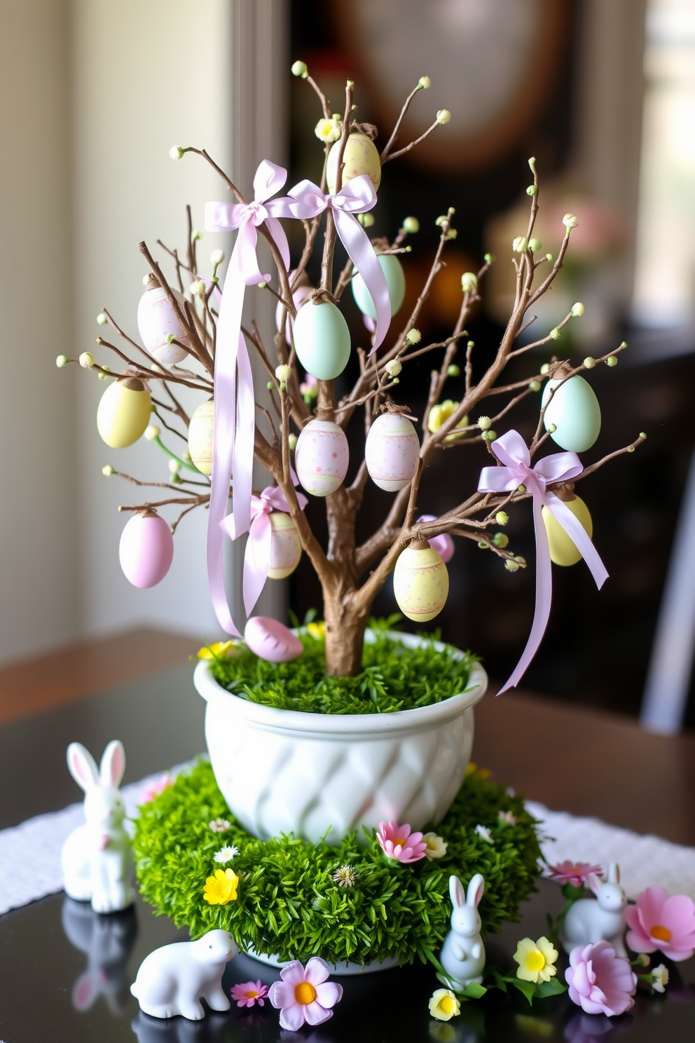 A whimsical Easter tree centerpiece adorned with pastel-colored eggs and delicate ribbons. The tree stands in a charming ceramic pot filled with moss, surrounded by small decorative bunnies and spring flowers.