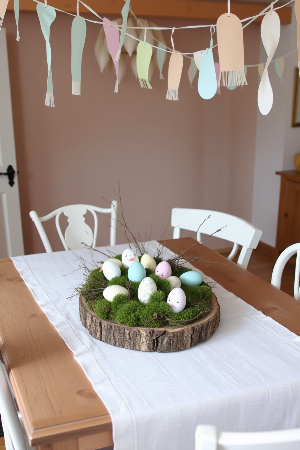 A charming Easter setting featuring a rustic wooden table adorned with a soft linen tablecloth. On the table, arrange a collection of decorative eggs nestled in a bed of moss, complemented by twigs artfully placed around the centerpiece. Surround the table with mismatched chairs that add a touch of whimsy to the decor. Hang delicate pastel-colored bunting from the ceiling, creating a festive atmosphere that celebrates the season.