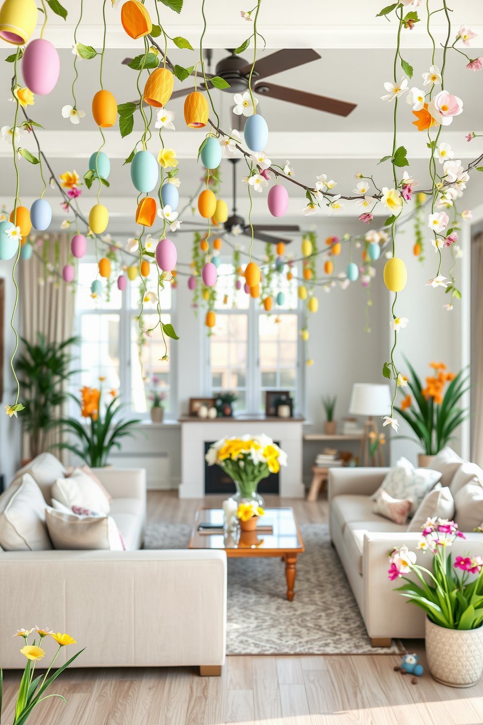 Create a vibrant Easter scene featuring garlands of colorful paper eggs and delicate flowers draped across a spacious living room. The cheerful decorations hang from the ceiling and along the walls, creating a festive atmosphere filled with springtime joy.