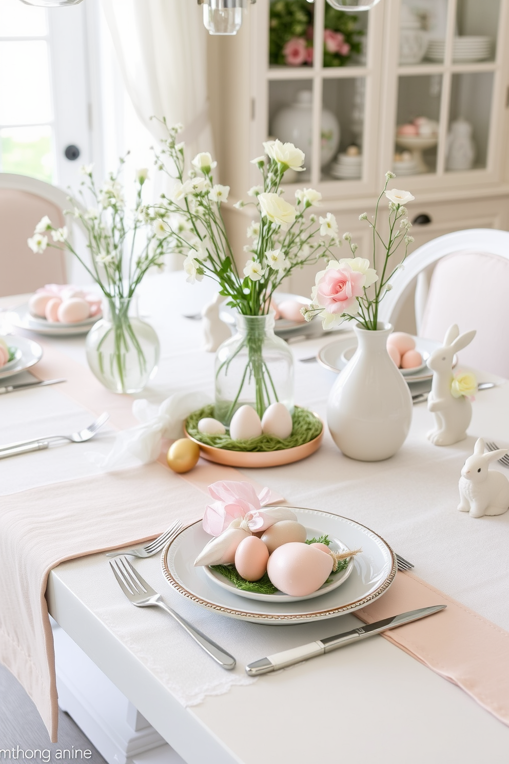 A beautifully set dining table adorned with soft linen table runners in pastel colors. Fresh flowers in delicate vases complement the elegant setting, while Easter-themed decorations, such as decorative eggs and bunny figurines, add a festive touch.