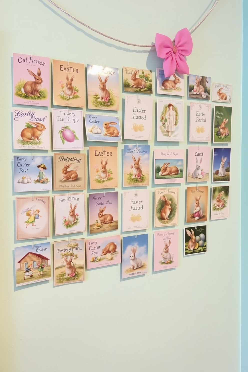 A charming display of vintage Easter postcards arranged in a gallery style on a pastel-colored wall. The postcards feature whimsical designs and soft hues, evoking a sense of nostalgia and seasonal cheer.