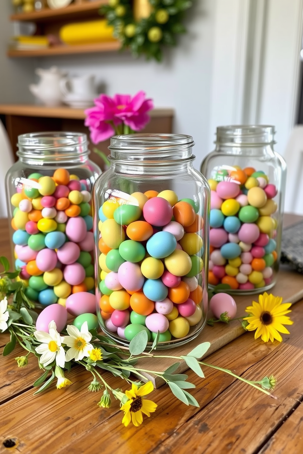 Fill glass jars with colorful candy and decorative eggs for a festive Easter display. Arrange the jars on a rustic wooden table, surrounded by spring flowers and greenery for a cheerful ambiance.