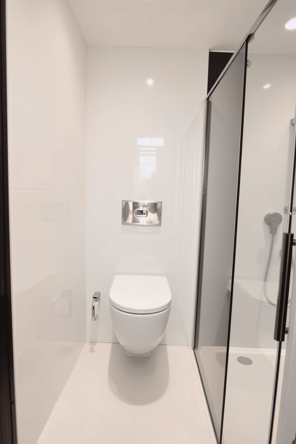 A sleek wall hung toilet is installed in the corner of the bathroom, providing easy access and a modern aesthetic. The surrounding walls are finished in a glossy white tile that enhances the clean and spacious feel of the room. The bathroom features a minimalist design with a large walk-in shower that has a frameless glass door. Durable materials are used throughout, ensuring that every surface is easy to clean and maintain.