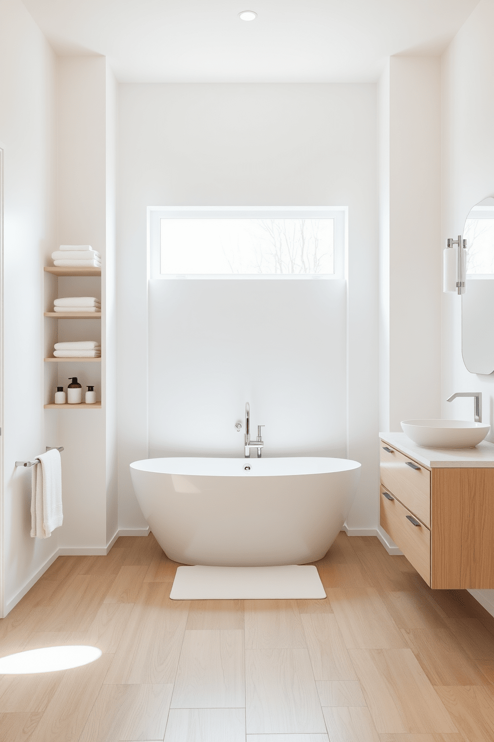 A serene bathroom oasis featuring smooth white walls and a sleek freestanding tub positioned in the center. The space is illuminated by natural light streaming through a large window, with minimalistic shelving holding neatly arranged towels and bath products. A modern vanity with a simple design showcases a single sink and ample storage below. The flooring is a light wood finish, providing warmth and easy maintenance throughout the area.