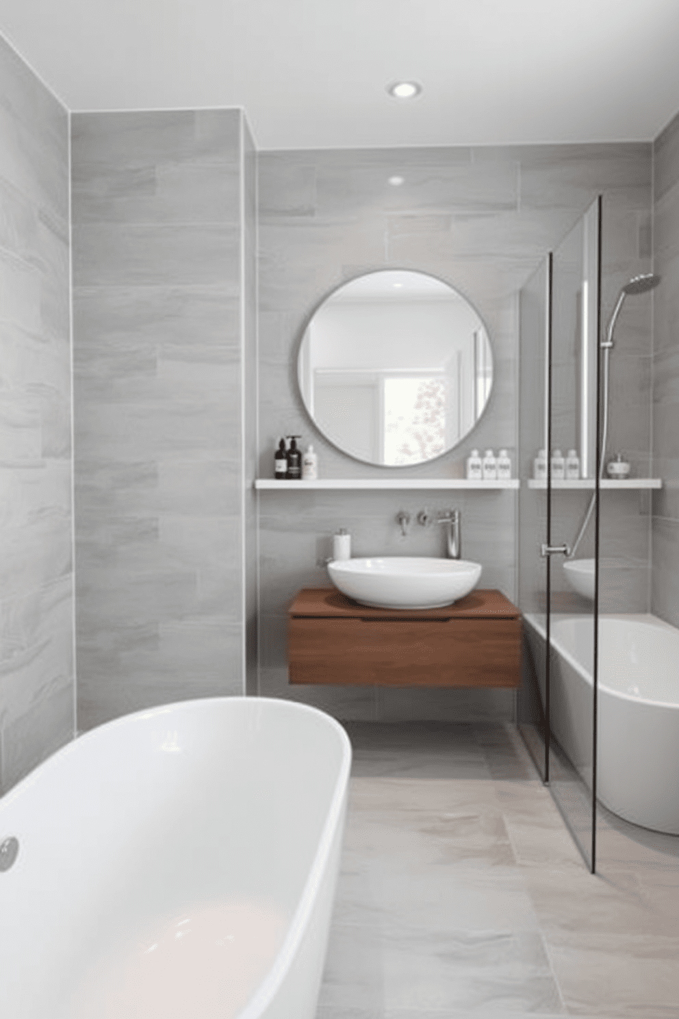 A modern bathroom design featuring easy to clean ceramic tiles in a soft gray hue. The space includes a sleek white bathtub and a glass shower enclosure, creating a fresh and airy atmosphere. The walls are adorned with minimalist shelving that holds neatly arranged toiletries. A large round mirror above the vanity reflects natural light, enhancing the clean lines and contemporary feel of the room.