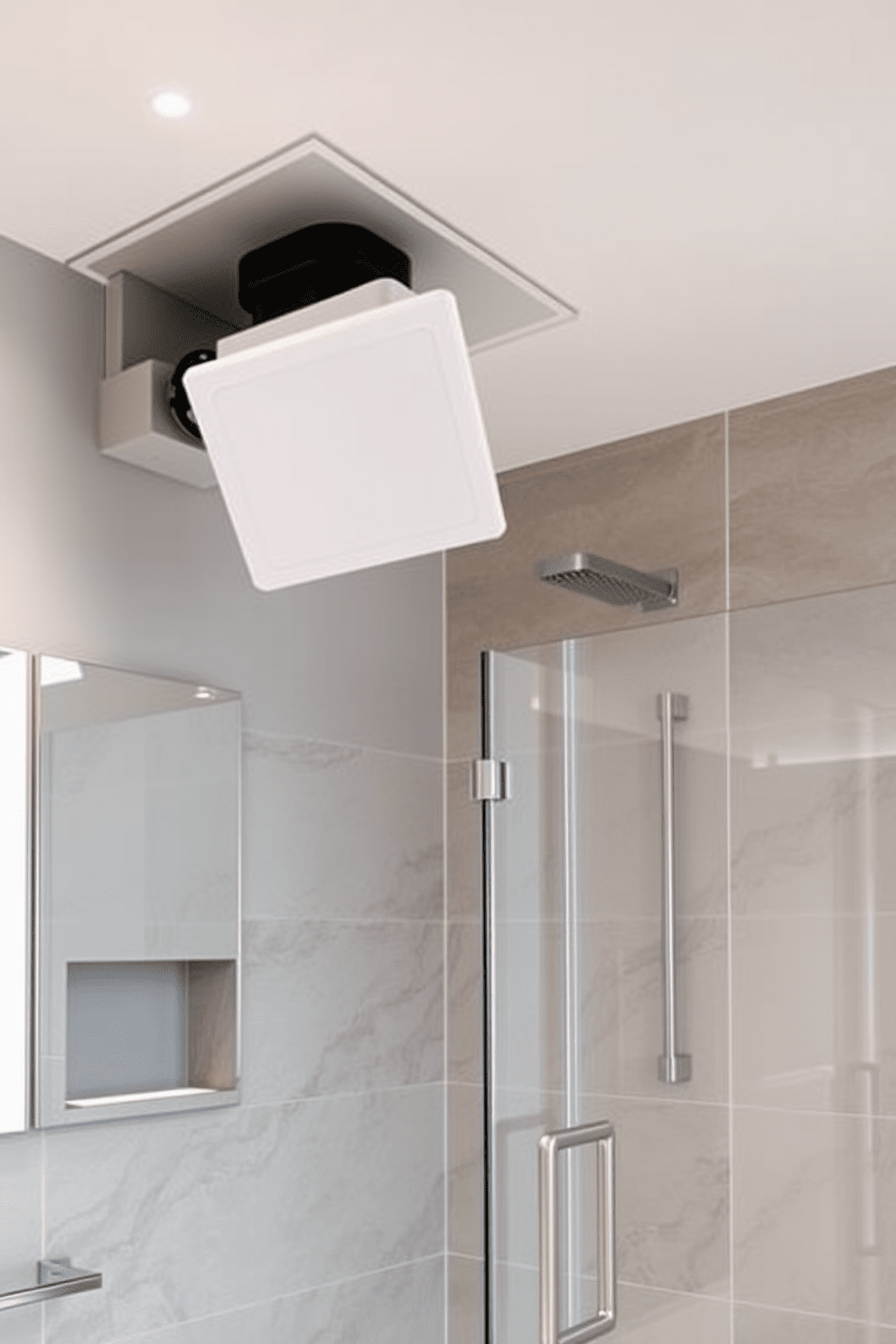 A modern bathroom featuring an efficient exhaust fan integrated into the ceiling to effectively reduce moisture levels. The design includes easy-to-clean surfaces such as large format tiles and a glass shower enclosure for a sleek, low-maintenance look.