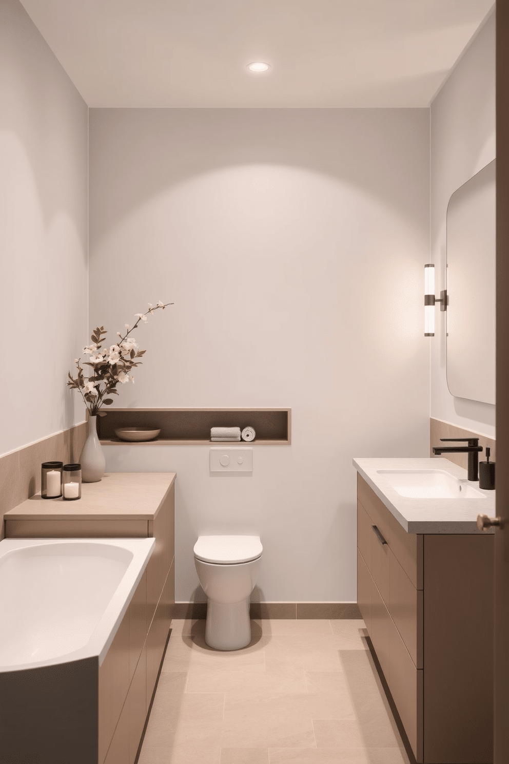 A modern bathroom featuring smooth edged fixtures that enhance both style and functionality. The design emphasizes easy maintenance with surfaces that are simple to wipe down and keep clean. The walls are painted in a soft neutral tone, creating a calming atmosphere. Sleek cabinetry provides ample storage while maintaining a minimalist aesthetic.