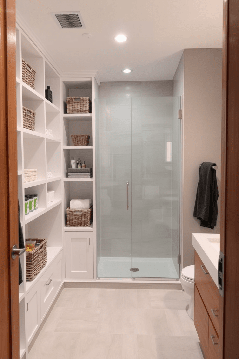 A modern bathroom design featuring built-in shelving for organization. The shelves are crafted from sleek white wood and are neatly arranged with decorative baskets and toiletries. The flooring is a light gray tile that is easy to clean and maintain. A spacious walk-in shower with glass doors complements the overall design, providing a seamless look.