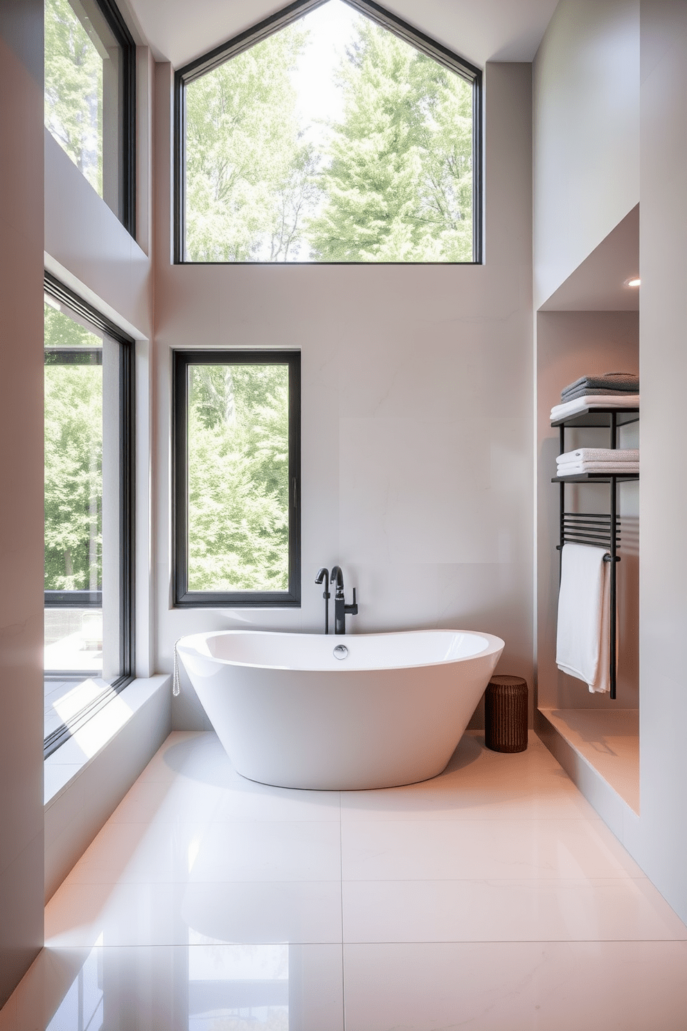 A stylish bathroom design featuring a freestanding tub as the centerpiece. The tub is elegantly positioned under a large window, allowing natural light to flood the space. The surrounding area is designed for easy cleaning, with sleek surfaces and minimal grout lines. Light-colored tiles cover the floor, complemented by wall-mounted storage solutions to keep clutter at bay.