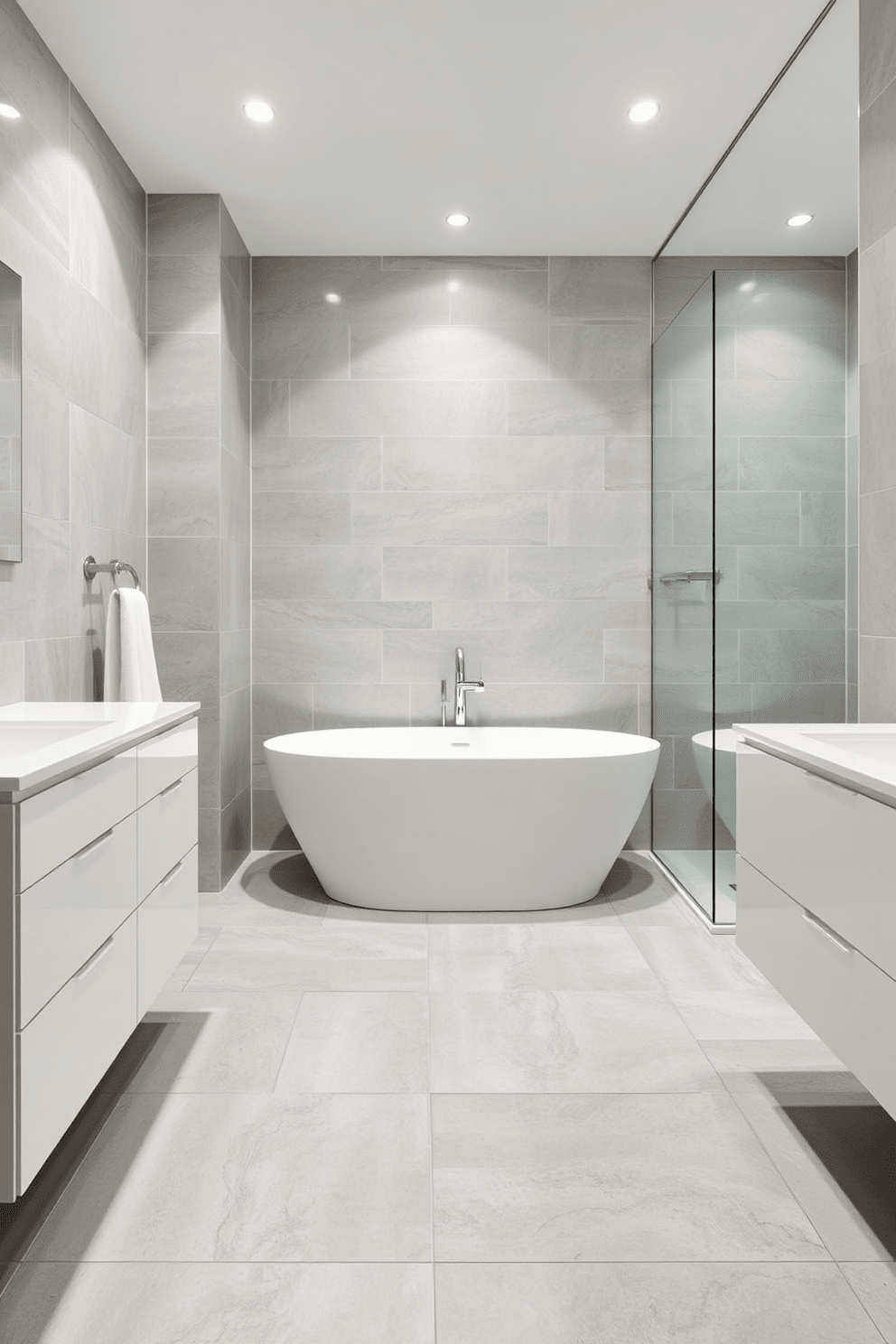 A spacious bathroom featuring large format tiles that create a seamless look with minimal grout lines. The tiles are a soft gray color, complemented by sleek white fixtures and a modern freestanding bathtub. The design emphasizes easy maintenance with a streamlined layout and surfaces that resist stains and moisture. A glass shower enclosure enhances the open feel, while strategically placed lighting highlights the elegant finishes throughout the space.